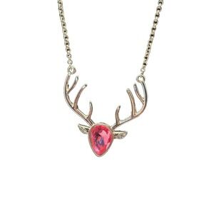 Pink Crystal & Clear Rhinestones  Deer Head Antler  Silver Tone Pendant necklace